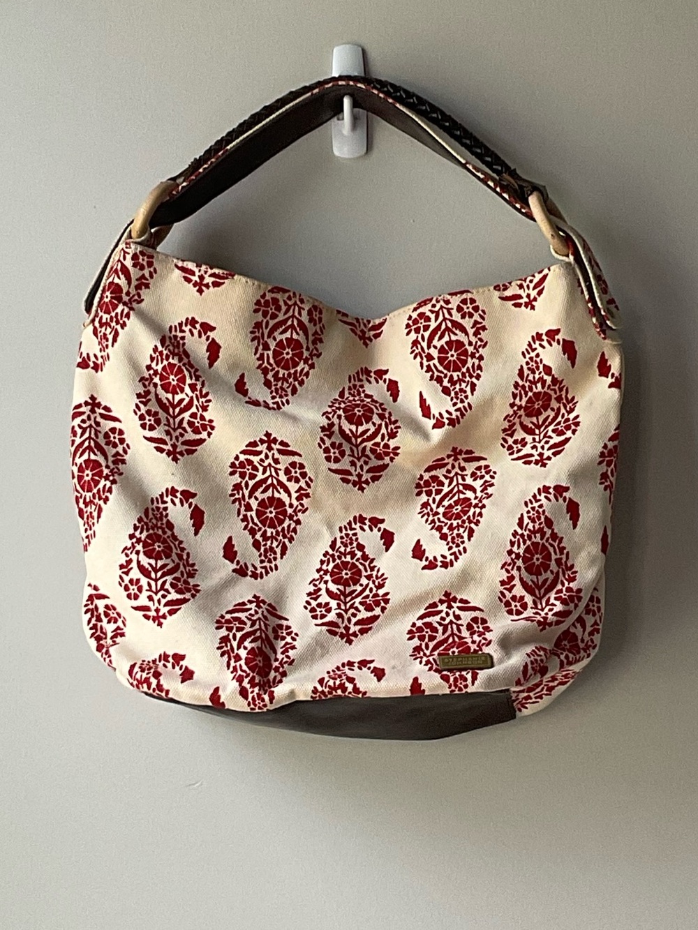 Stephanie Johnson Cream and Red Patterned Canvas Hobo Bag